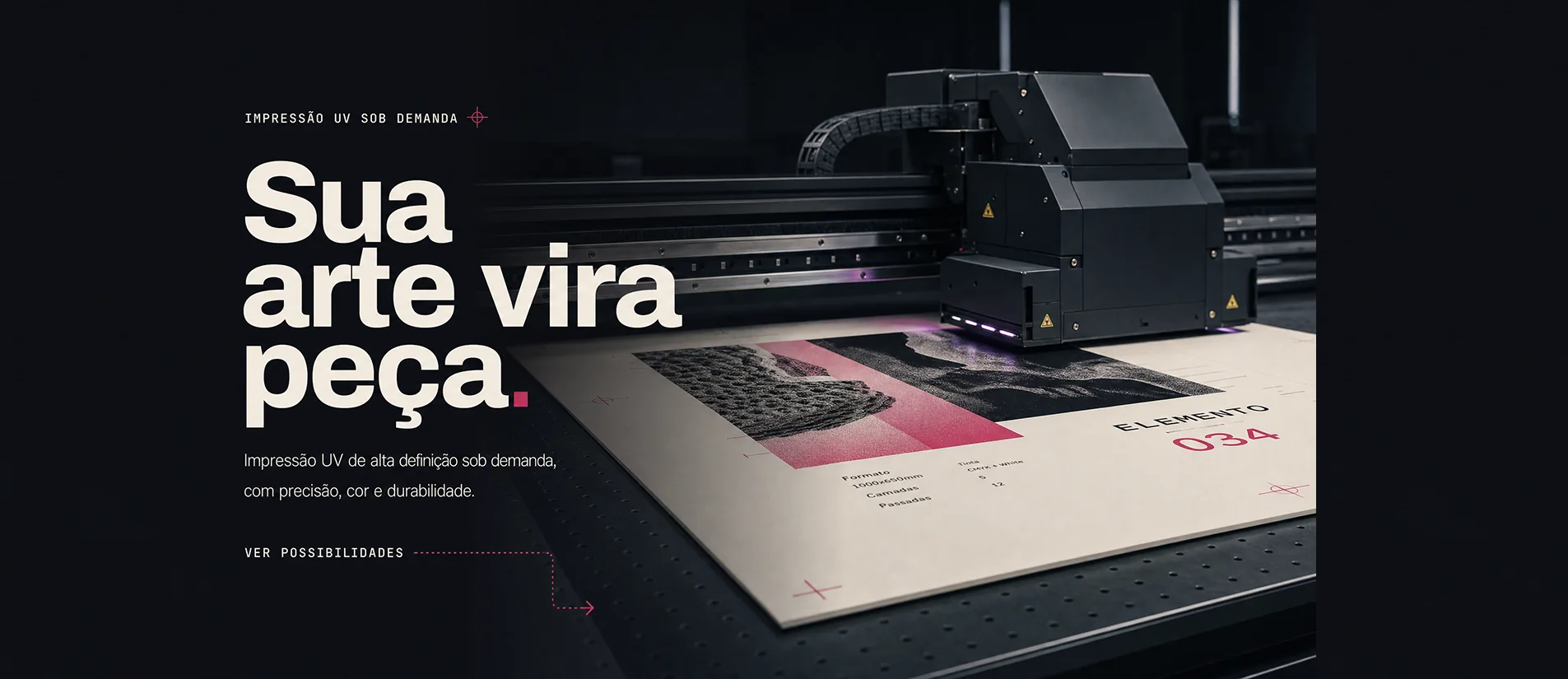 Sua arte vira peça. Impressão UV de alta definição sob demanda, com precisão, cor e durabilidade.